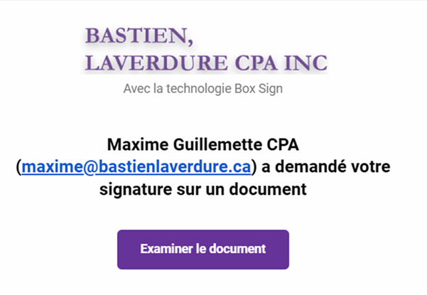 Courriel Box Sign avec le bouton Examiner le document